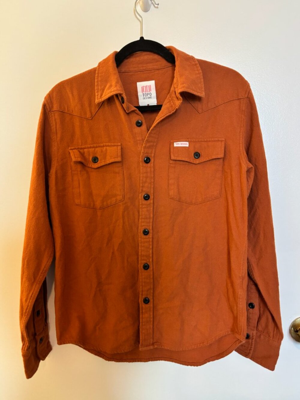 Topo Designs Men's Mountain Button Down Shirt in Burnt Orange Size Small